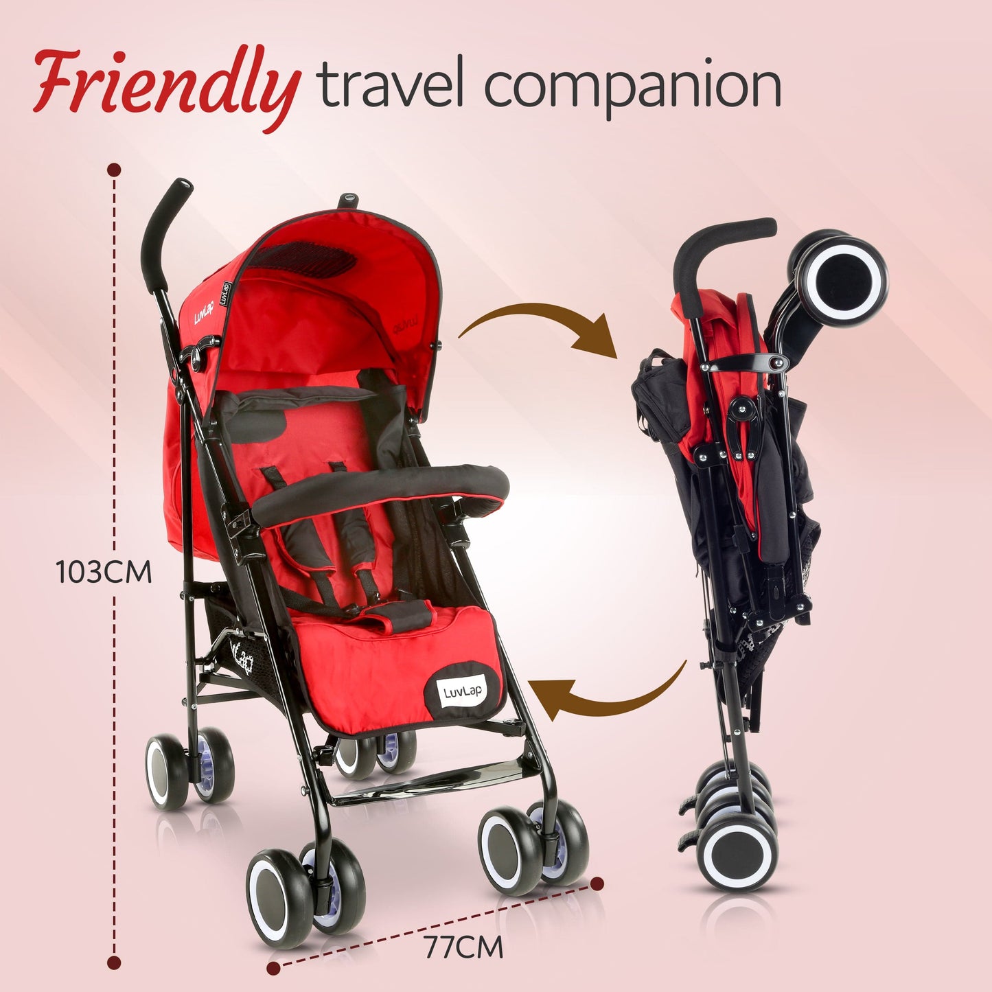 City Baby Stroller/Buggy, Lightweight, Compact & Travel Friendly pram, for 6-36 Months Baby, 5 Point Safety Harness, Adjustable seat Recline, extendable Canopy, 15Kg Capacity (Red)