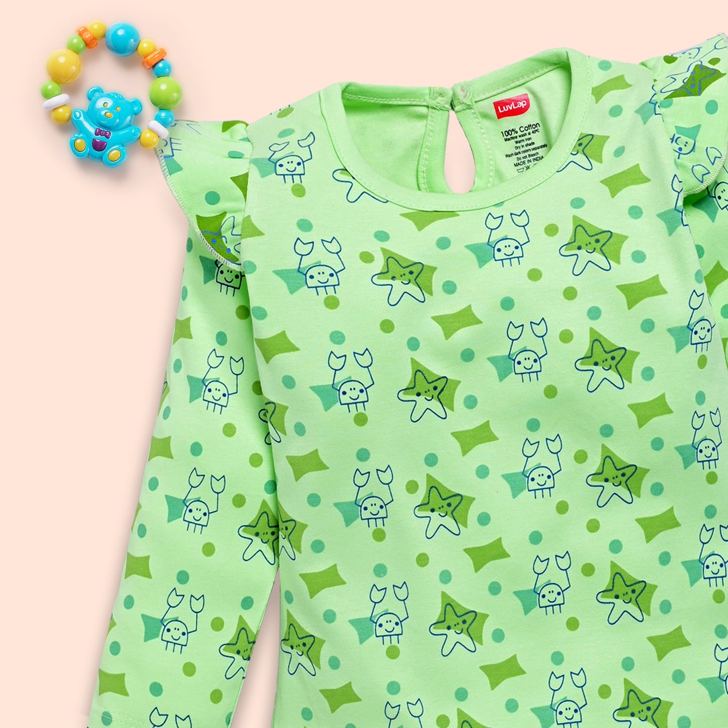 Baby Girls 100% Cotton Full Sleeve Girls Top & Pyjama CoSets Pack Of 3, Baby Pink, Paradise Green & White