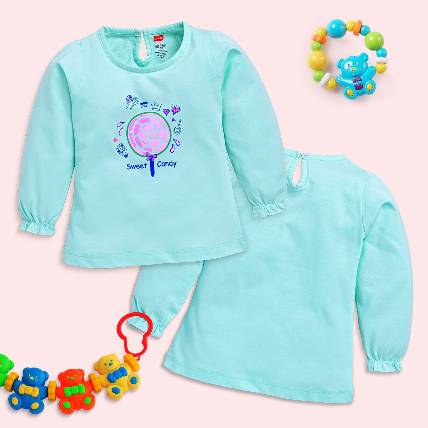 Baby Girls 100% Cotton Full Sleeve Girls Top Pack Of 4, Baby Pink, Soothing Sea, Sharp Green & Hot Pink