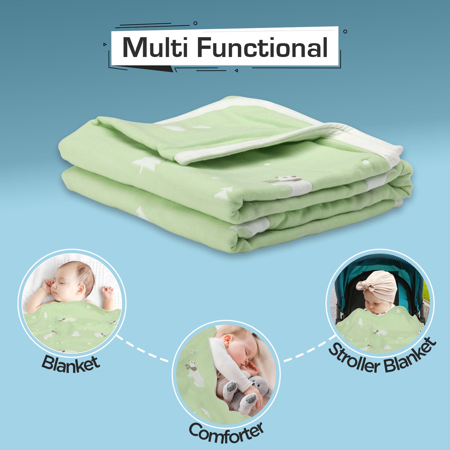 Baby Cotton Quilts Cum Wrappers, Green Bear