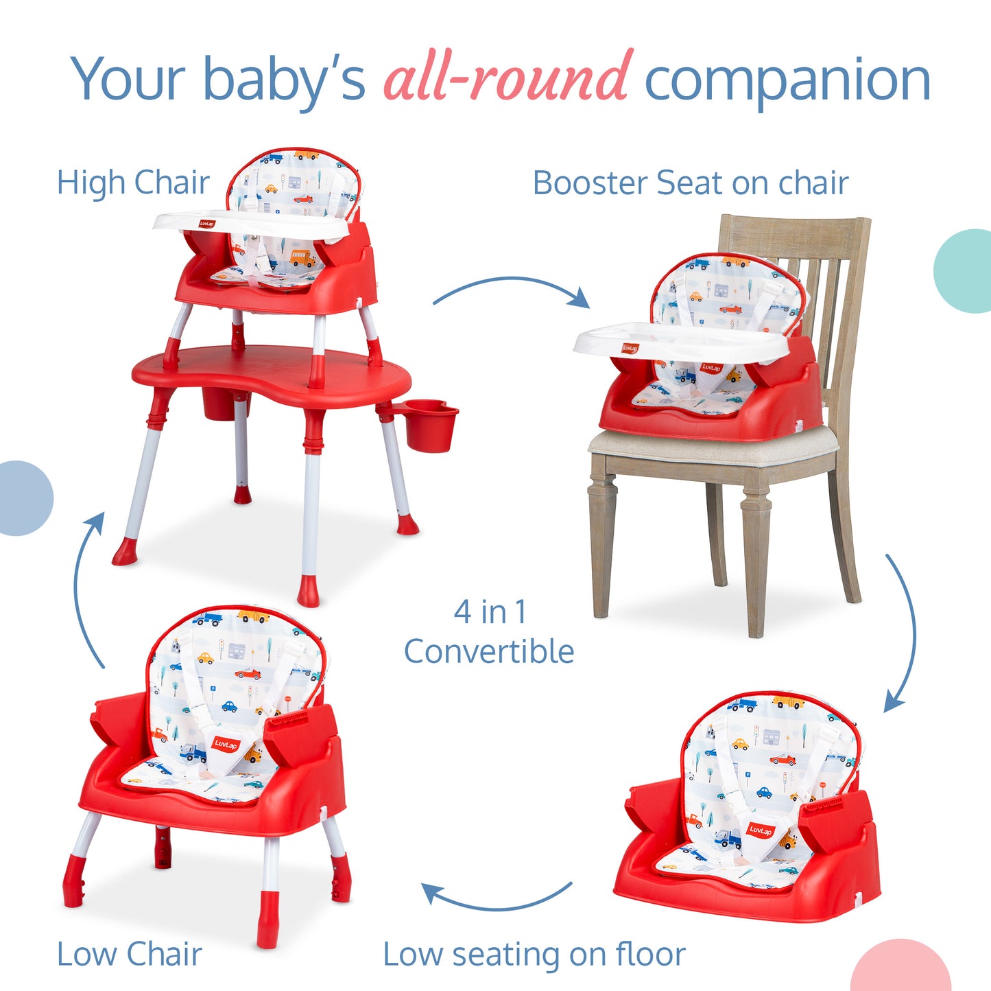 LuvLap 4 in 1 Convertible Baby High Chair with Printed Cushion, 5 Point Safety Belts, High Chair, Low Chair, Booster Chair and Table for Baby, Removable & Washable Food Tray 6 Months+, Red