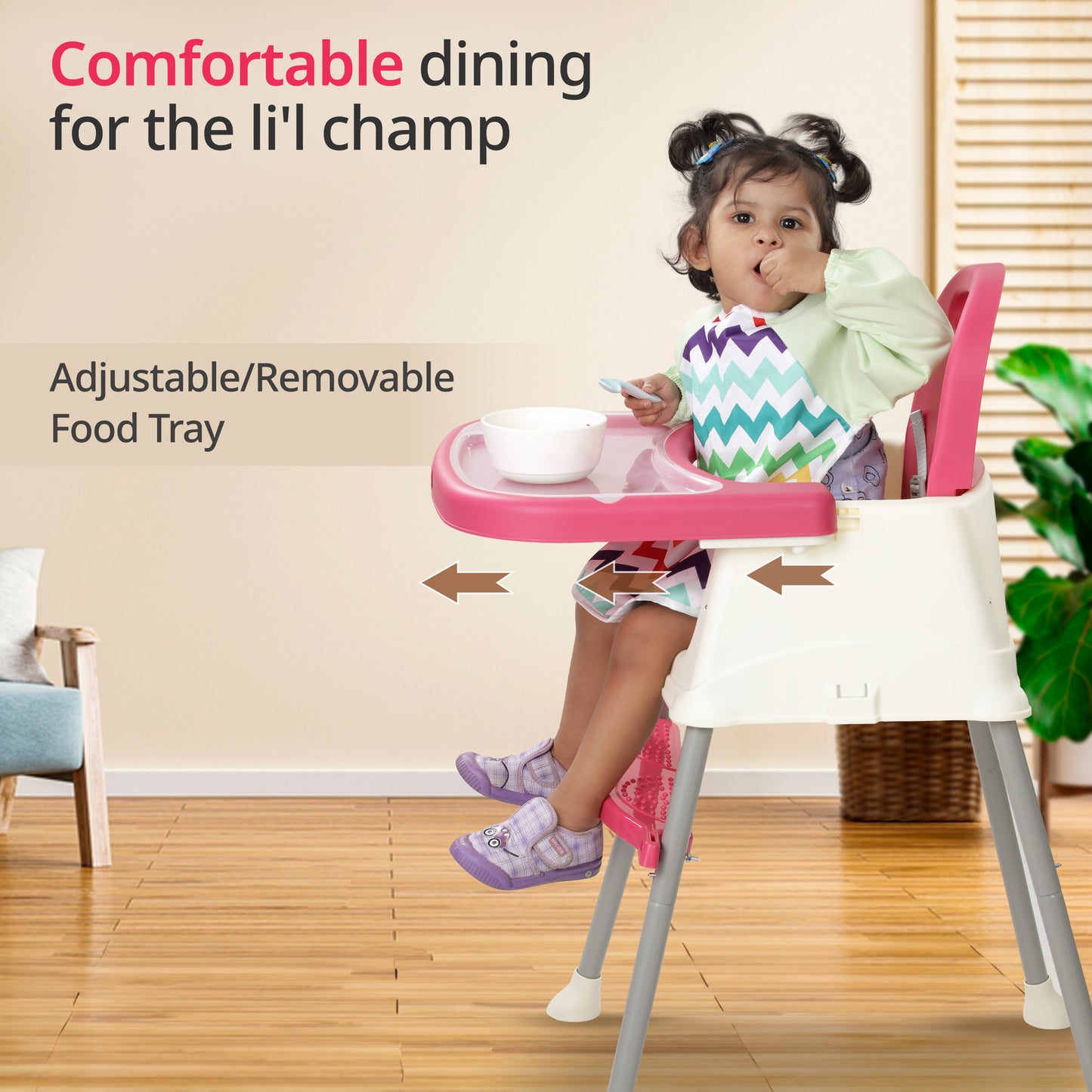 4 in 1 Convertible Baby High Chair with footrest, Convertible to High Chair, Low Chair, & Booster Seat, Essential for Baby Feeding (Pink)