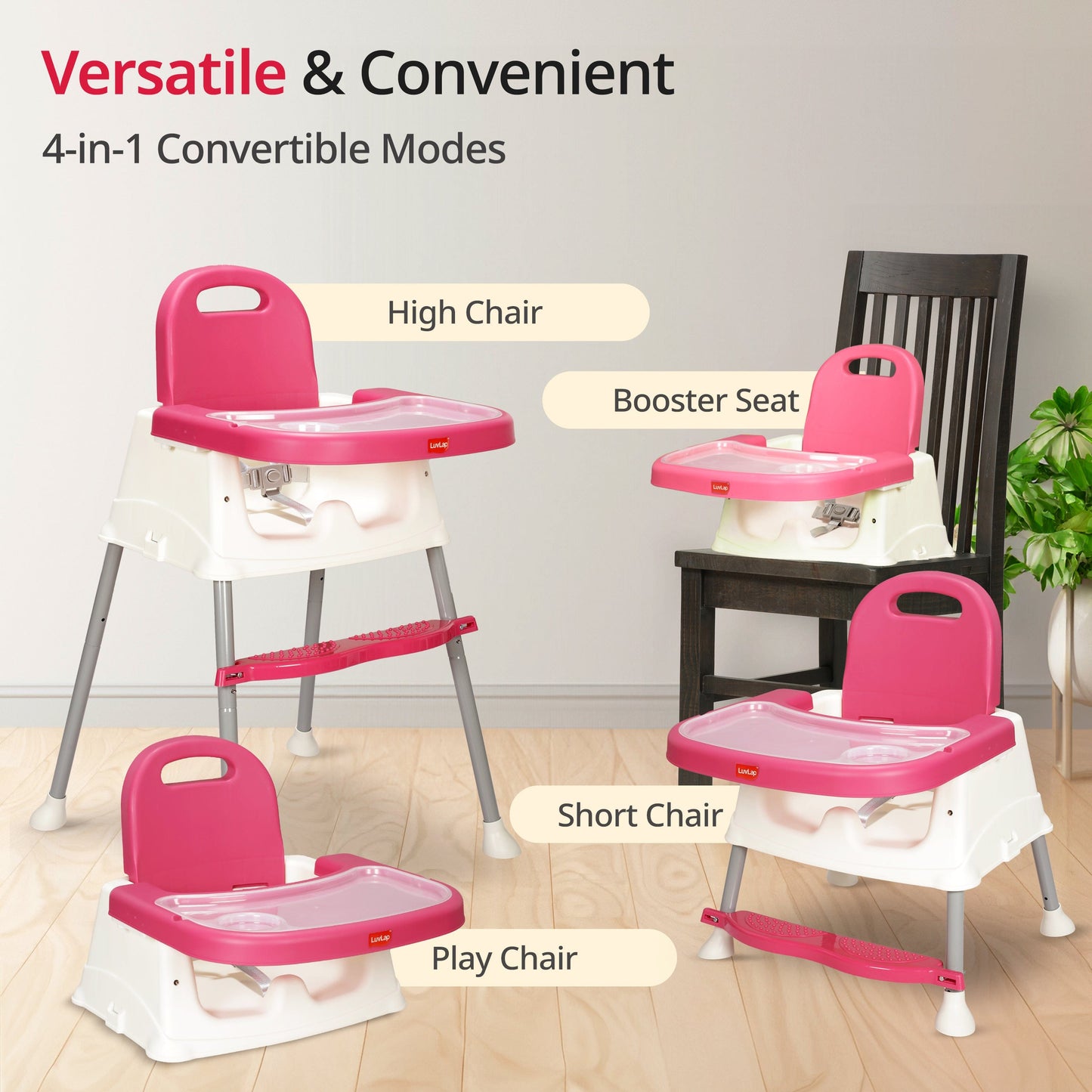 4 in 1 Convertible Baby High Chair with footrest, Convertible to High Chair, Low Chair, & Booster Seat, Essential for Baby Feeding (Pink)