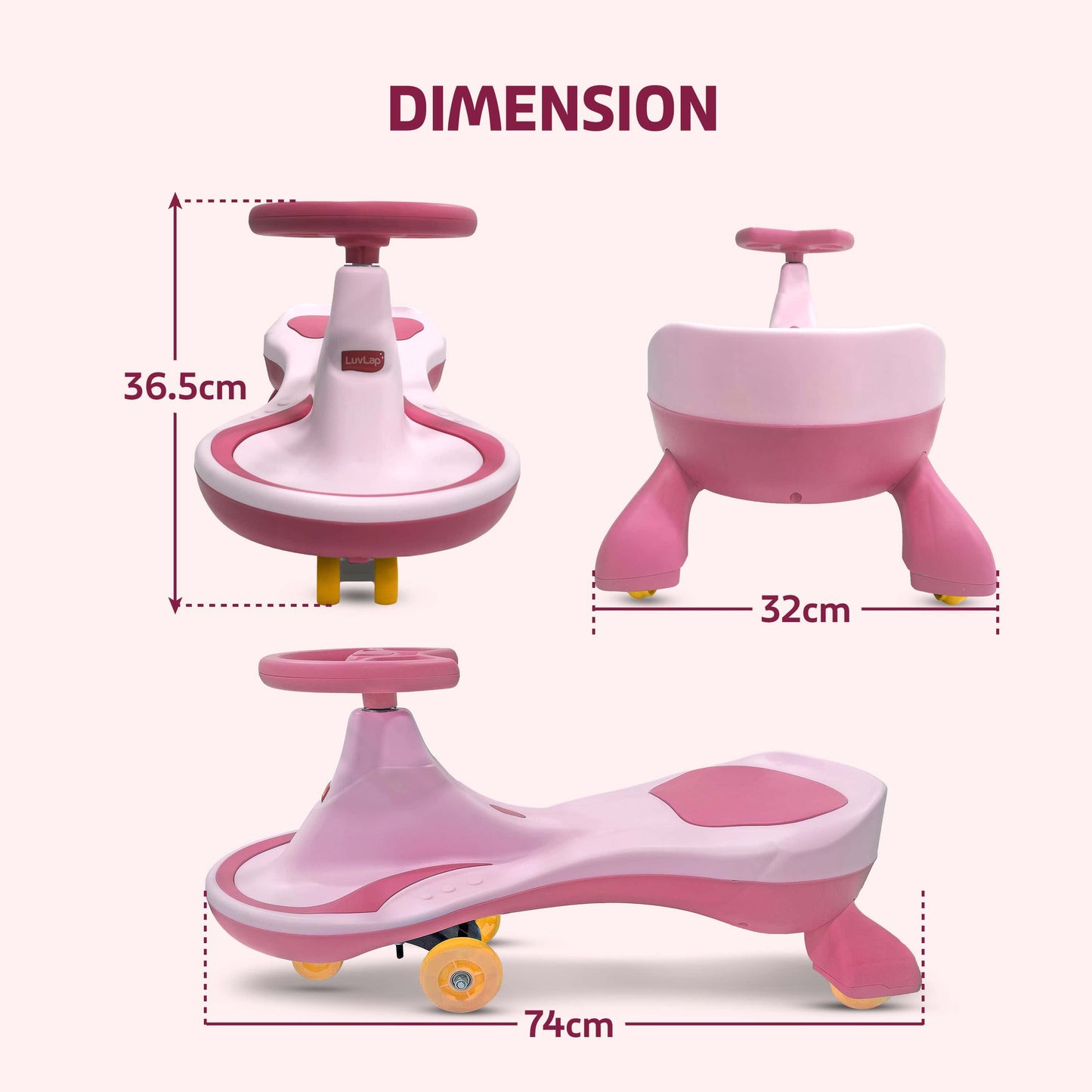 Luvlap Sunny Swing Car/Magic Car Toy Car for Kids, 3-12 Year Old, Pink