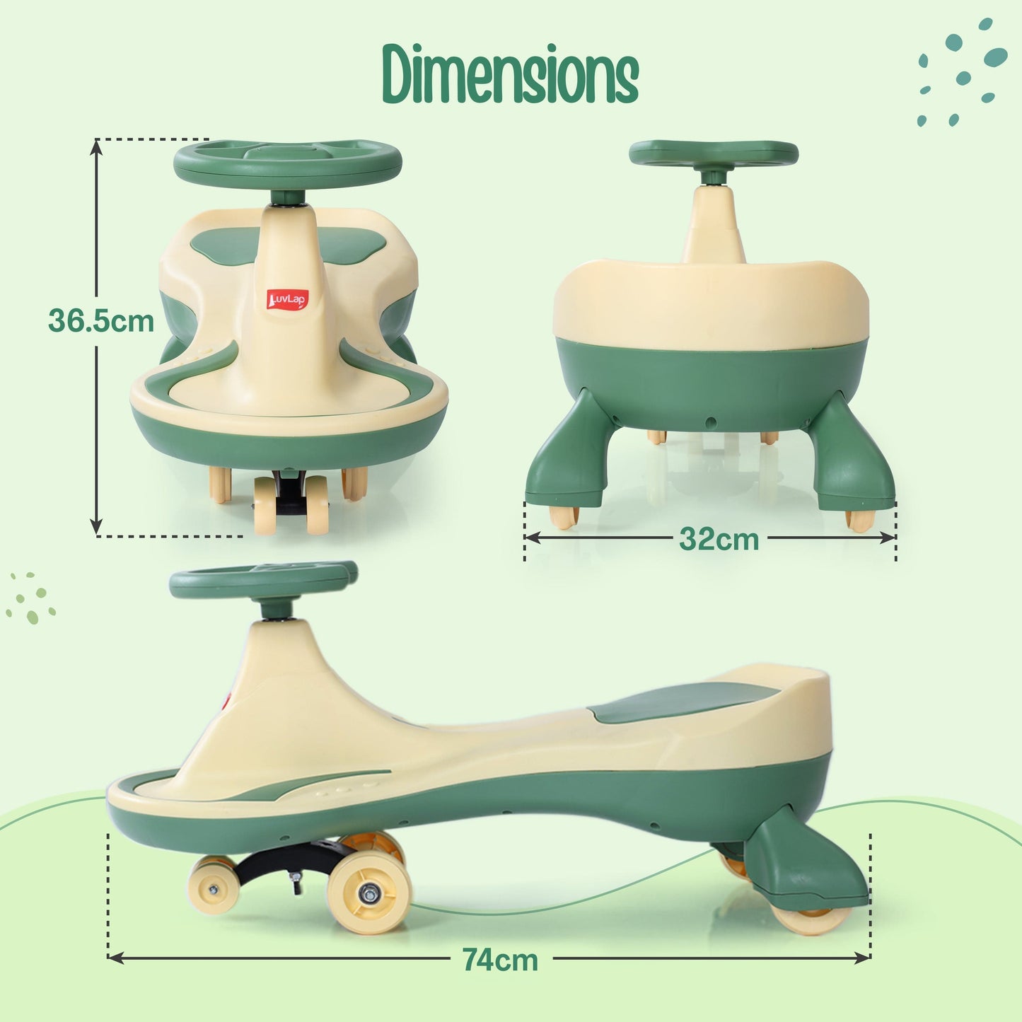 Sunny Swing Car, Kids Push Car, Magic Car for Kids, Comfortable Seats & Durable, Ride On Magic Car for 3+ Years Baby Boy & Girl, Beige & Green