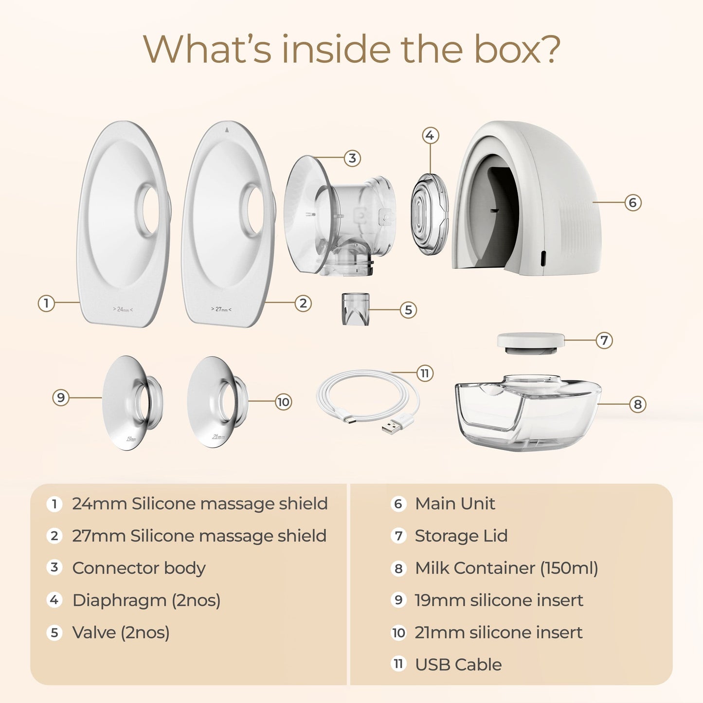 Glory Hands-Free Electric Breast Pump for Breastfeeding, Wearable, Portable, 4 Modes & 9 Suction Levels, Type-C Fast Charging, 24mm Breast Shield, Includes 19/21/27mm Soft Flange Inserts, White