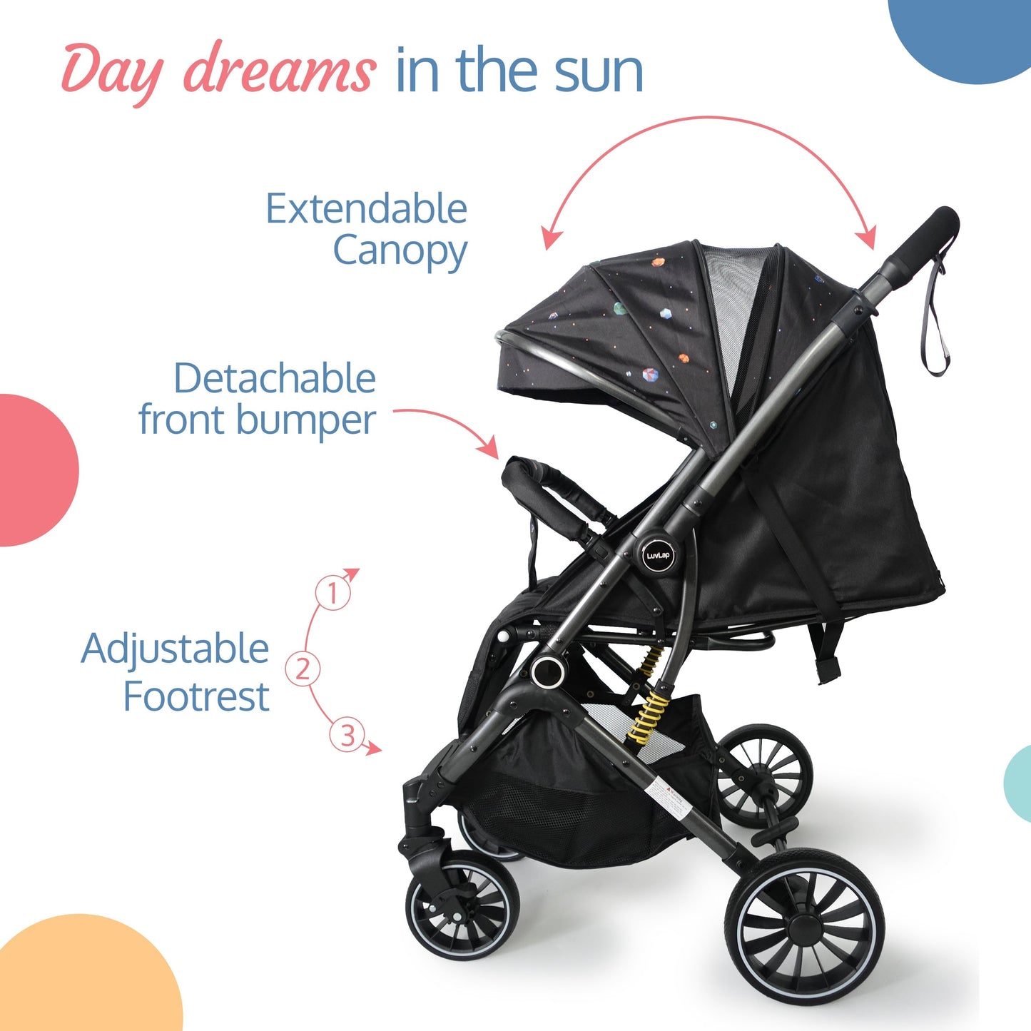 Alpha Baby Stroller/Pram, One Fold, Travel Friendly, 5 Point Safety Harness, Reversible Handle bar, Multilevel Recline & Adjustable footrest, Extendable Canopy, for Babies 0-3 Years (Black)
