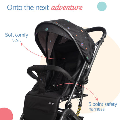 Alpha Baby Stroller / Pram with 5 point Safety Harness, Reversible Handle bar, Looking Window, Multi Level Recline & adjustable footrest, Extendable canopy, For babies 0 - 3 years (Black)
