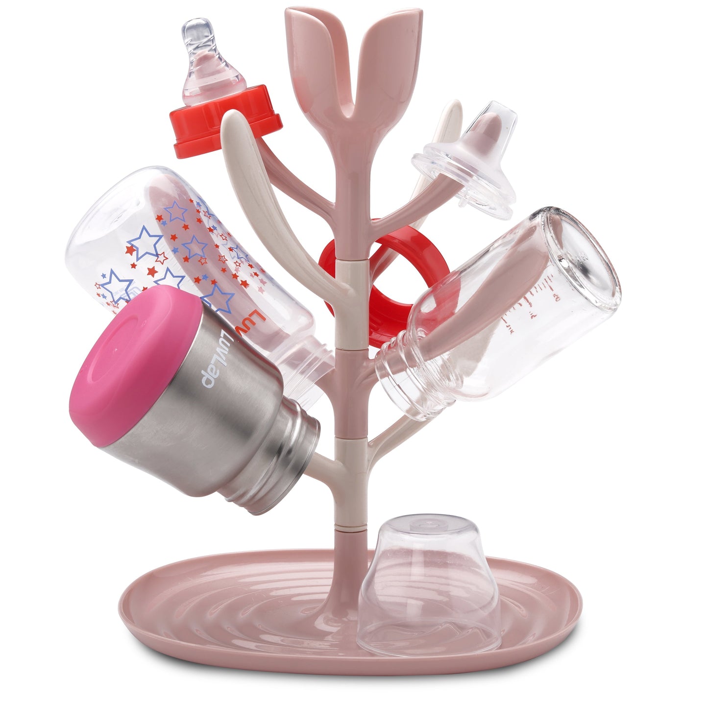 Baby Bottle Drying Rack, 360?? rotatable axis, high capacity, compact, space saving, portable bottle dryer with nipple holder, Suitable for sipper cups, breast pump parts & feeding accessories (Pink)