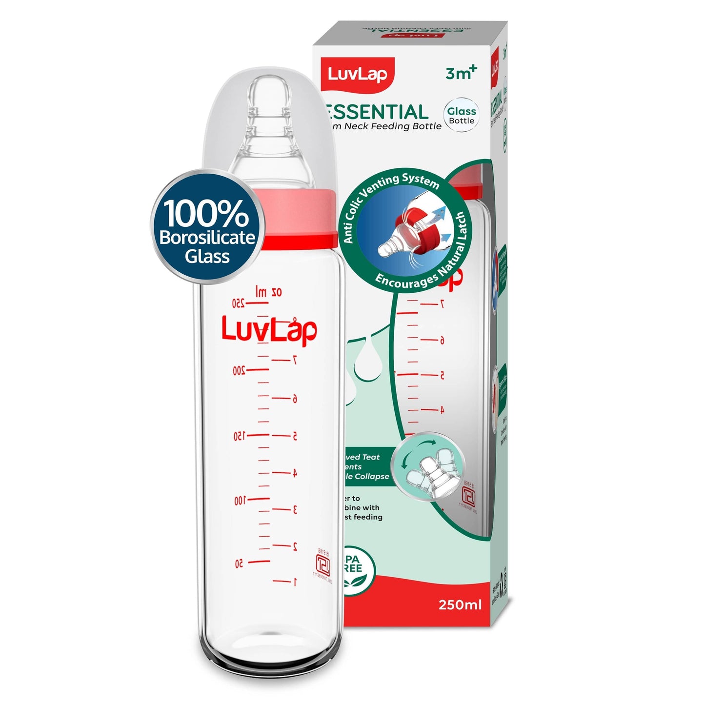 Essential Slim Neck Glass Feeding Bottle, New Born/Infants/Toddler Upto 3 Years, 250ml