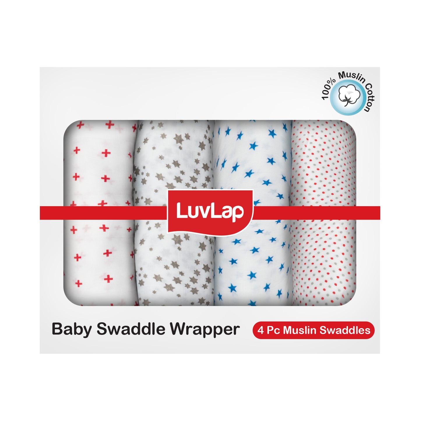 100% Cotton Muslin Baby Swaddles, Dots & Stars White Print, 0-18M+, Pack of 4