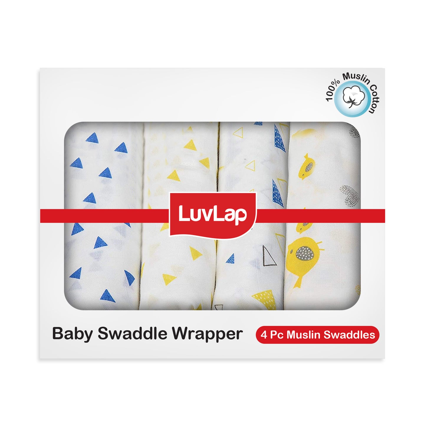 100% Cotton Muslin Baby Swaddles, Triangles & Birds White Print, 0-18M+, Pack of 4