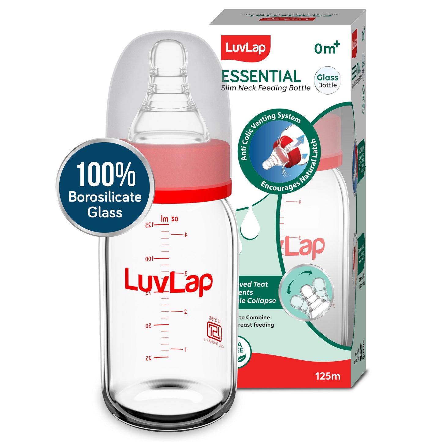 Essential Slim Neck Glass Feeding Bottle, New Born/Infants/Toddler Upto 3 Years, 125ml