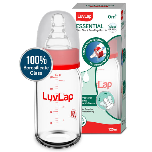 Essential Slim Neck Glass Feeding Bottle, New Born/Infants/Toddler Upto 3 Years, 125ml