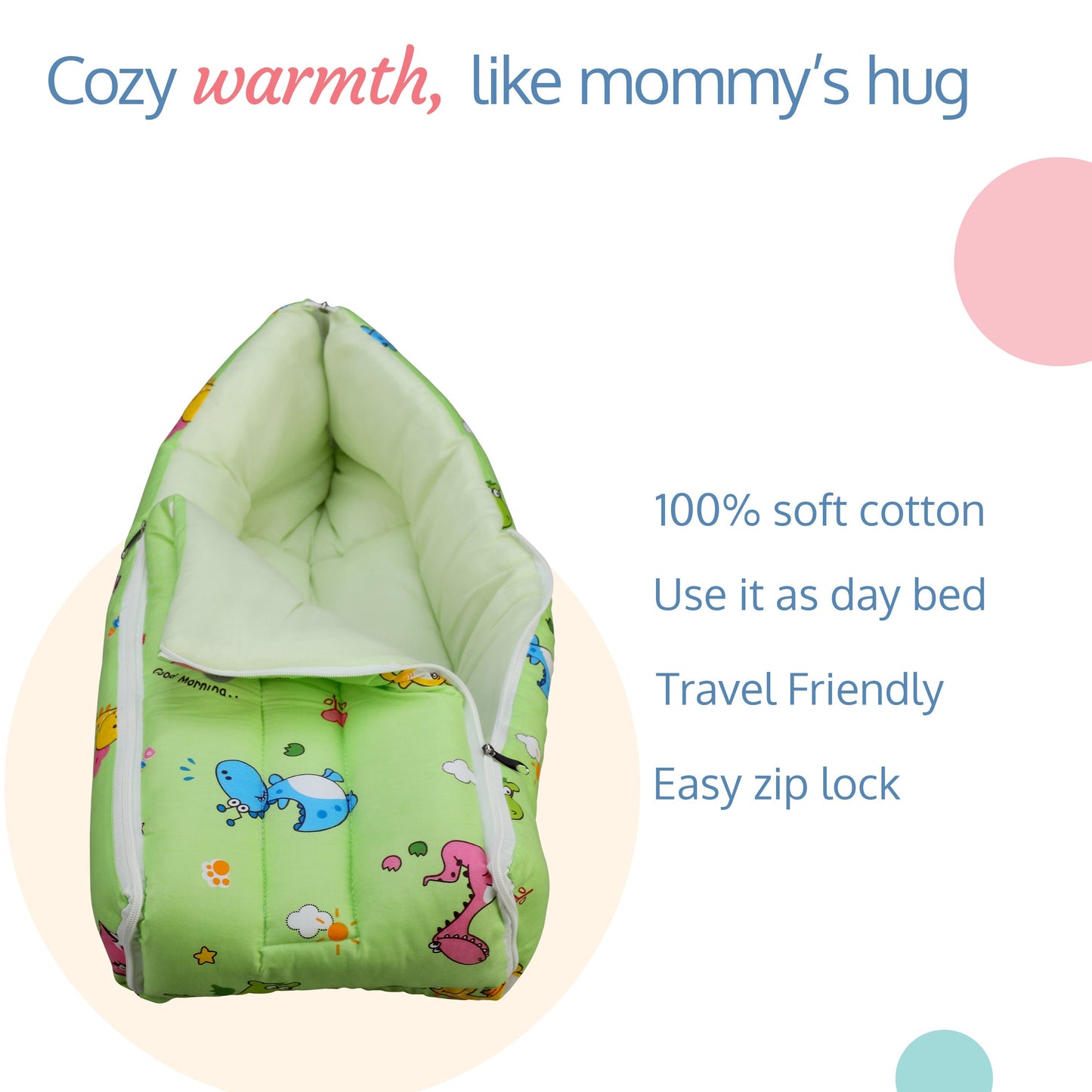 3 in 1 Baby Sleeping Bag and Carry Nest (Dino Print, Light Green)