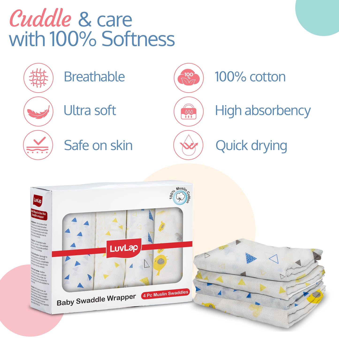 100% Cotton Muslin Baby Swaddles, Triangles & Birds White Print, 0-18M+, Pack of 4