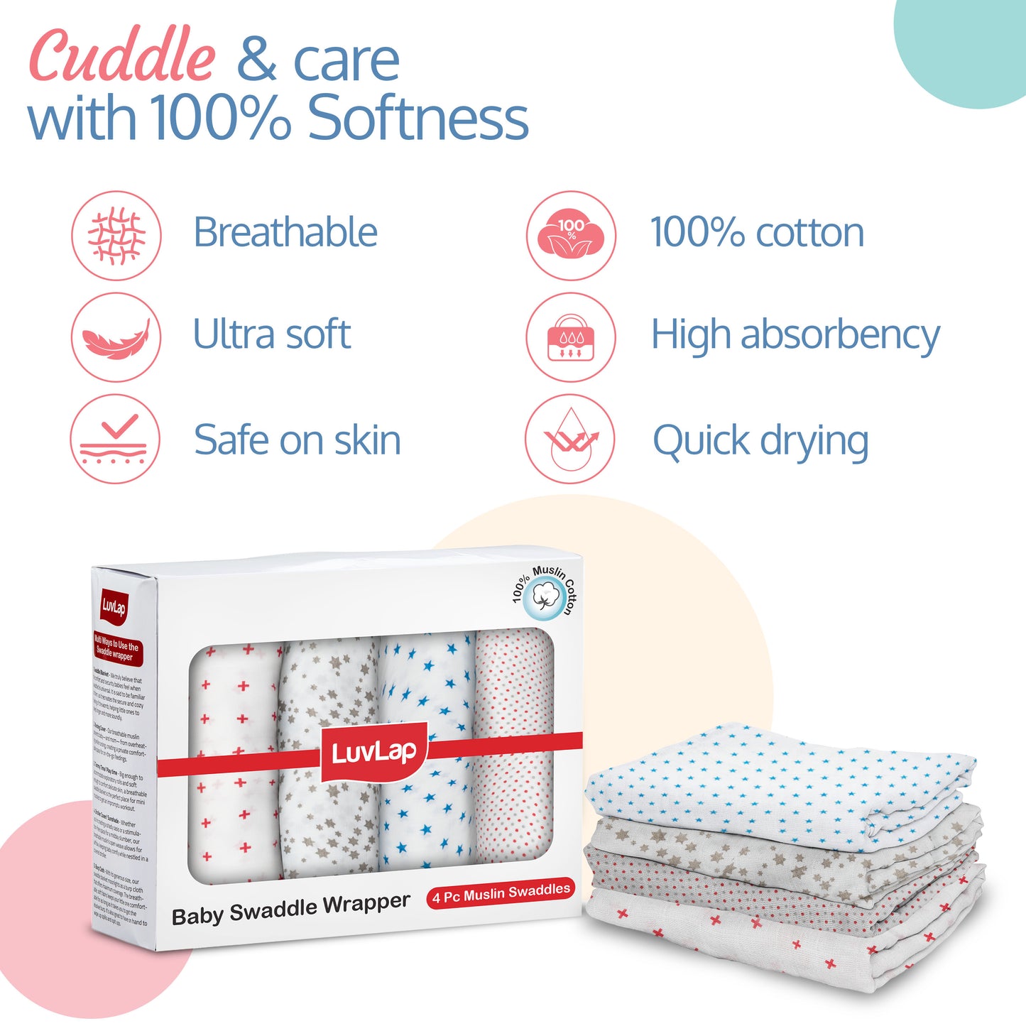 100% Cotton Muslin Baby Swaddles, Dots & Stars White Print, 0-18M+, Pack of 4