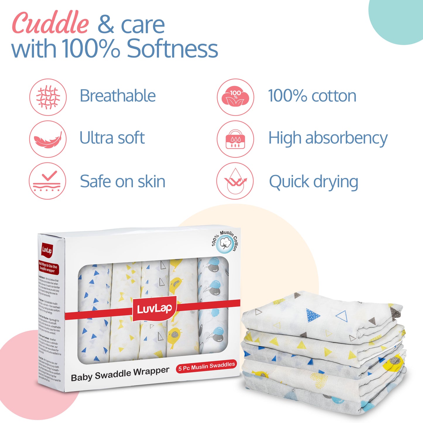100% Cotton Muslin Baby Swaddles, Triangles Birds & Balloons White Print, Pack of 5