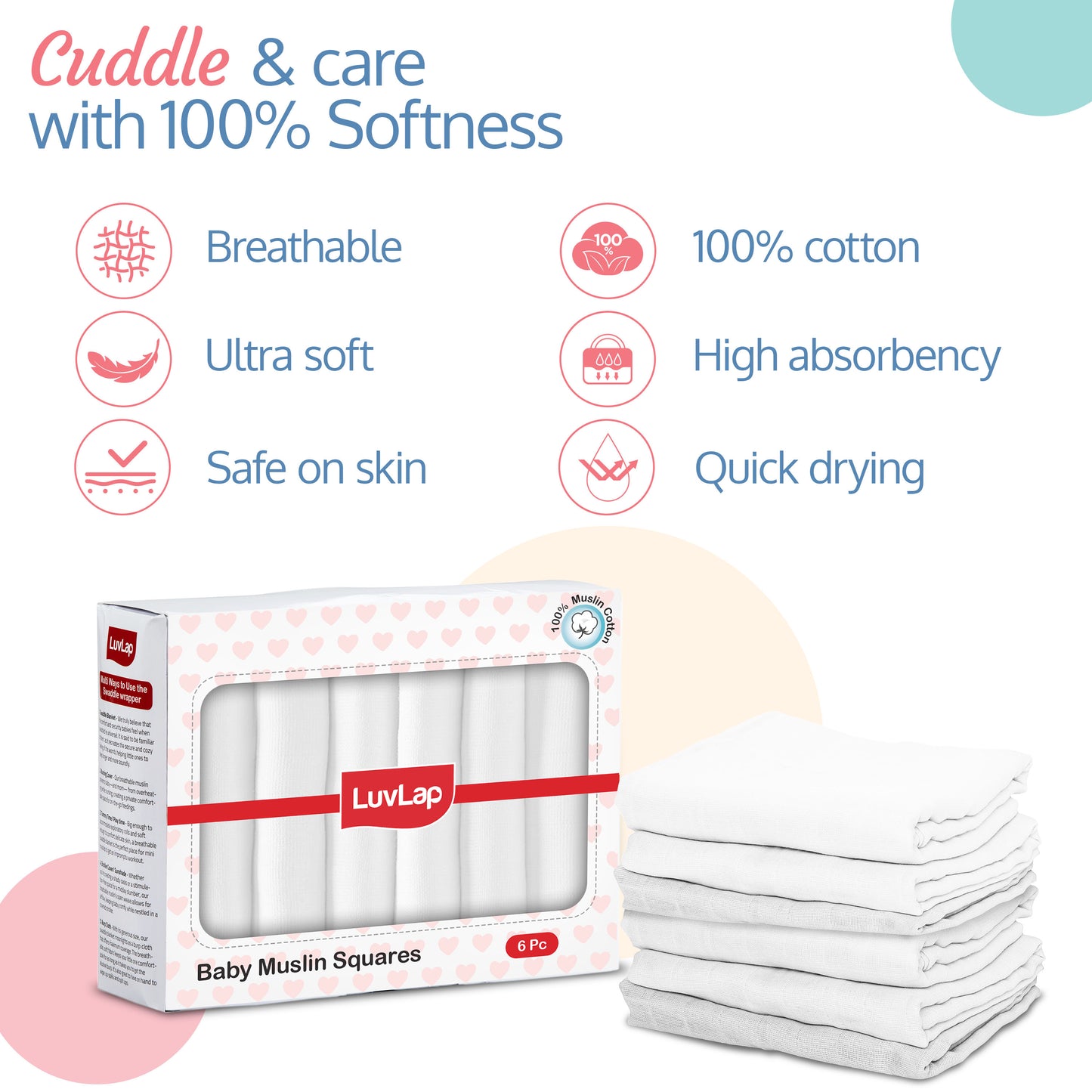 100% Cotton Muslin Baby Swaddles, Plain White, 70cm x 70cm, 0-18M+