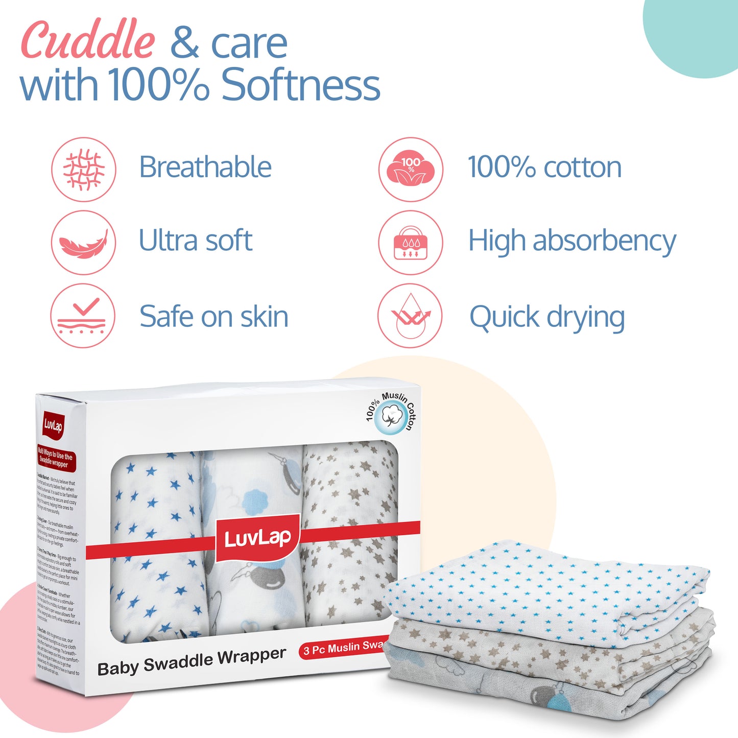 Muslin Baby Swaddle, White, Stars