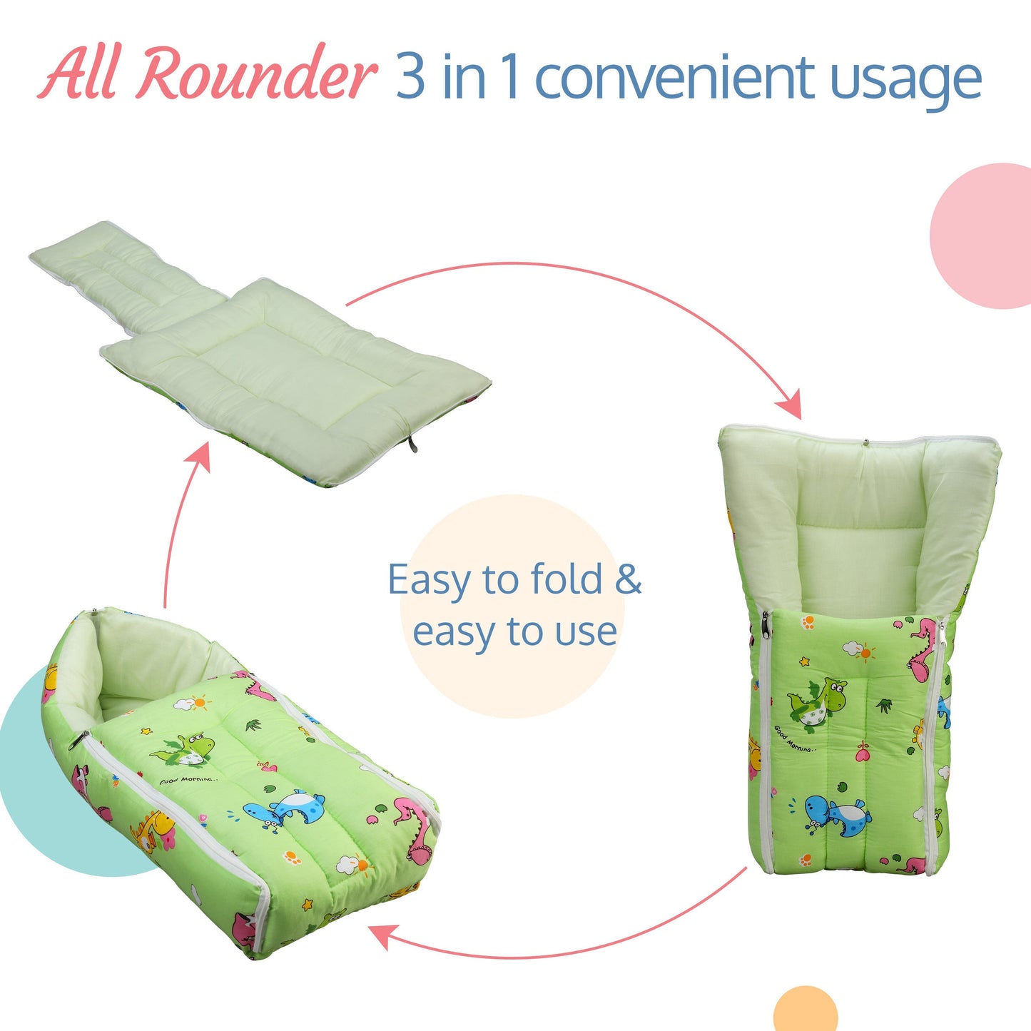 3 in 1 Baby Sleeping Bag and Carry Nest (Dino Print, Light Green)