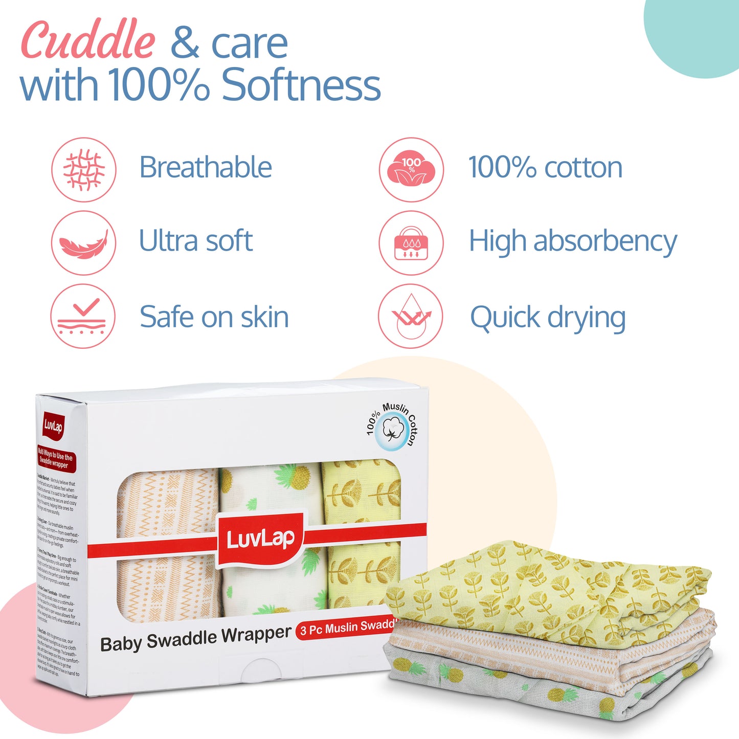 100% Cotton Muslin Baby Swaddles set, Pineapple Leaves Print, 0-18 Month+, Pack of 3
