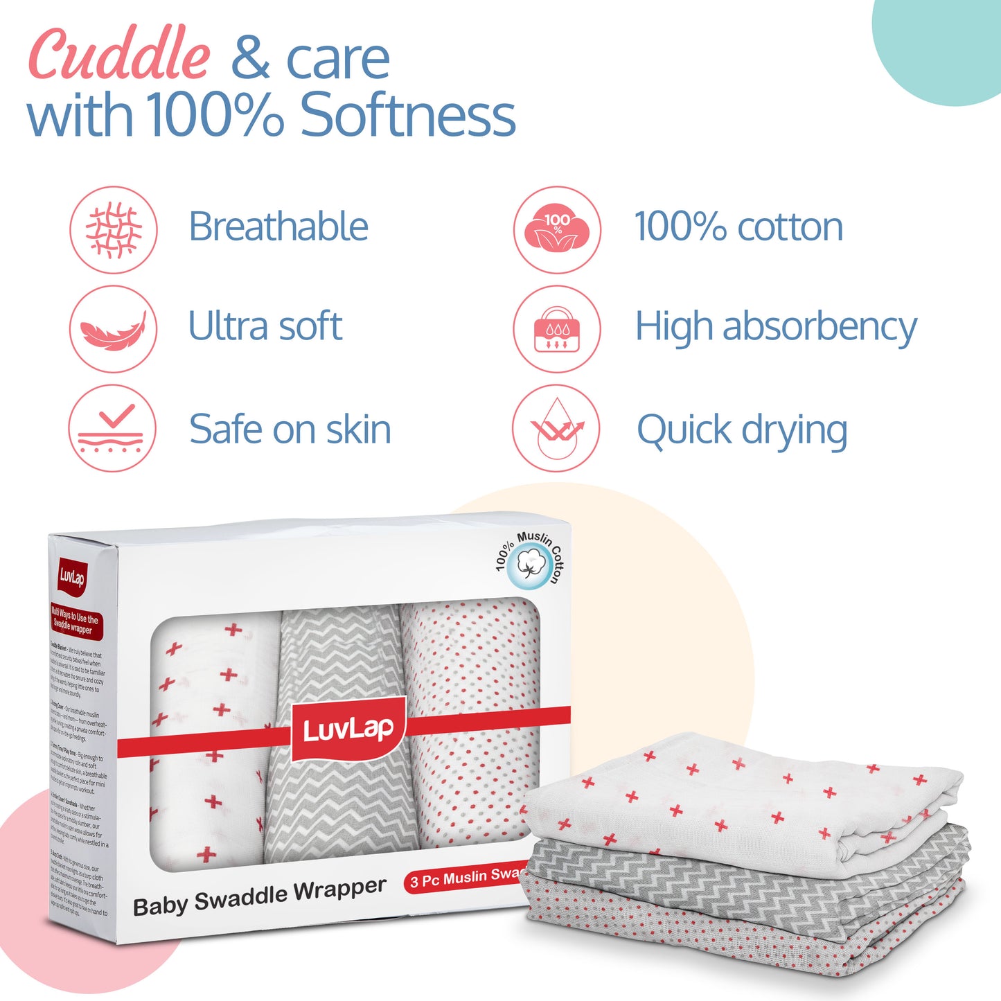 Muslin Baby Swaddle, White, Dots