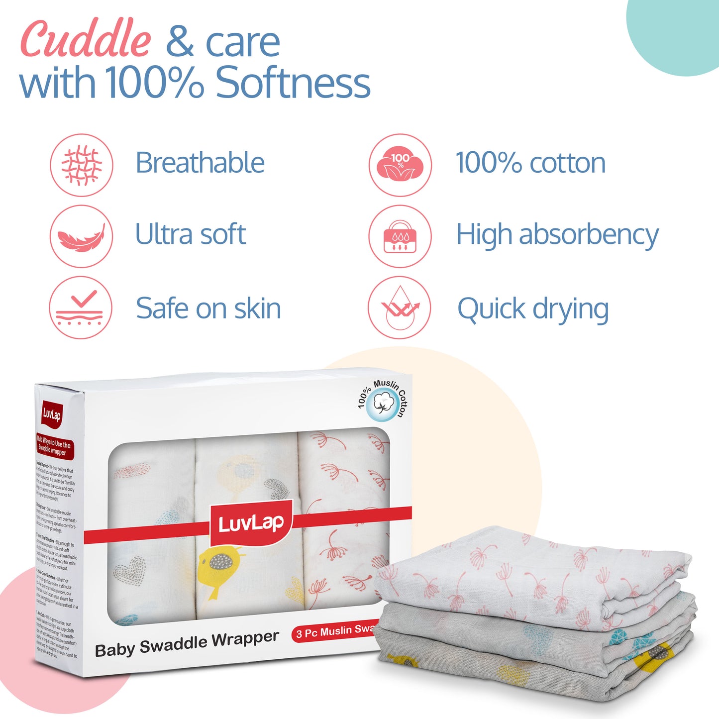 Muslin Baby Swaddle, White, Birds