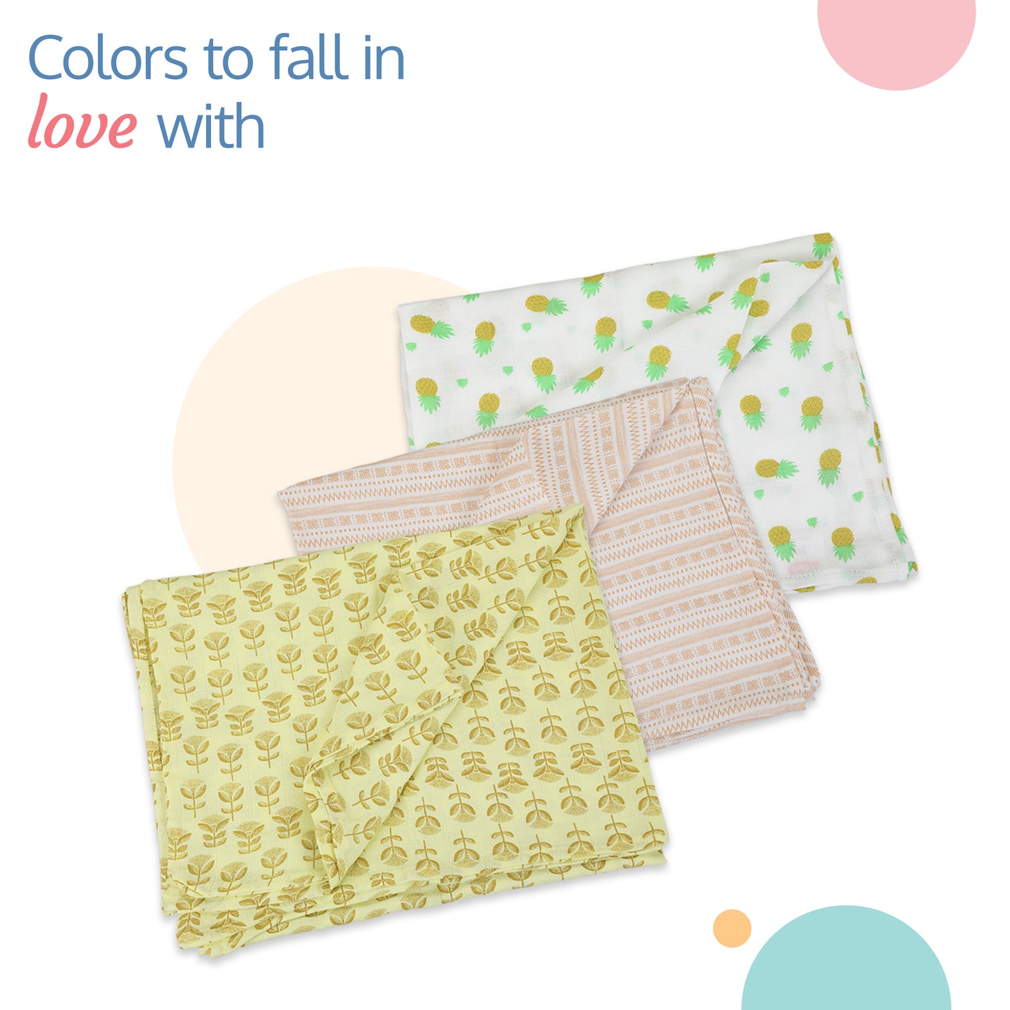 100% Cotton Muslin Baby Swaddles set, Pineapple Leaves Print, 0-18 Month+, Pack of 3