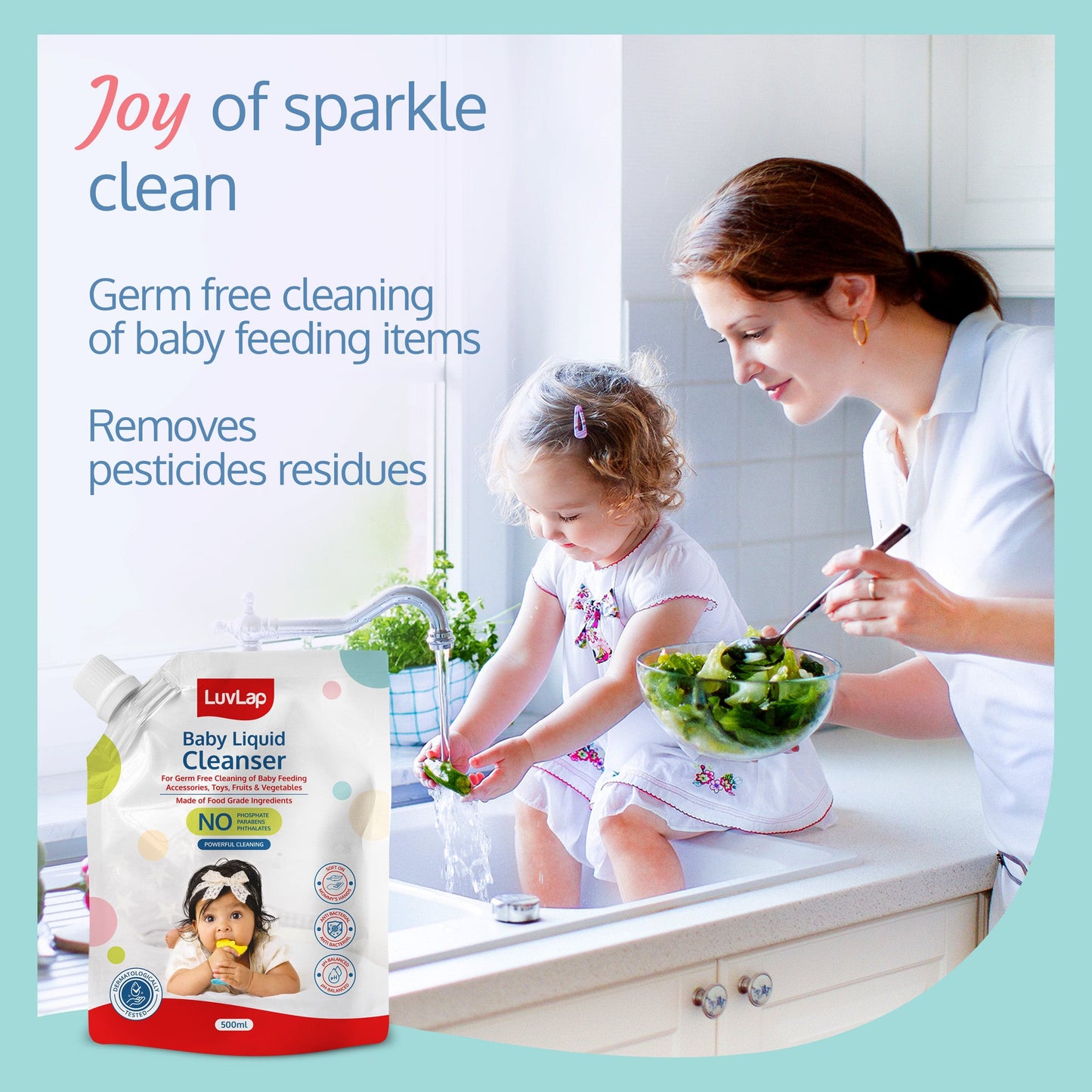 Baby Liquid Cleanser Refill pack- 500ml, For cleaning feeding bottle, cutlery, toys, fruits & vegetables, Kills 99.9% Germs, pH Balanced Dermatologically tested formula, No harsh chemicals