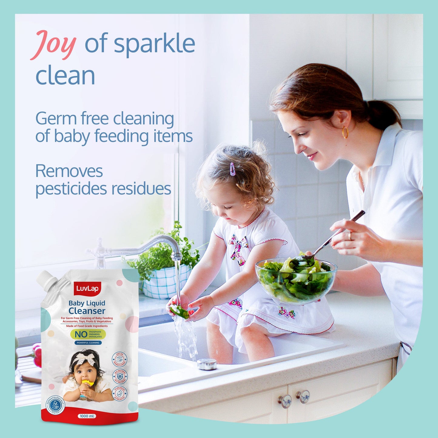 Baby Liquid Cleanser Refill pack- 1000ml, For cleaning feeding bottle, cutlery, toys, fruits & vegetables, Kills 99.9% Germs, pH Balanced Dermatologically tested formula, No harsh chemicals