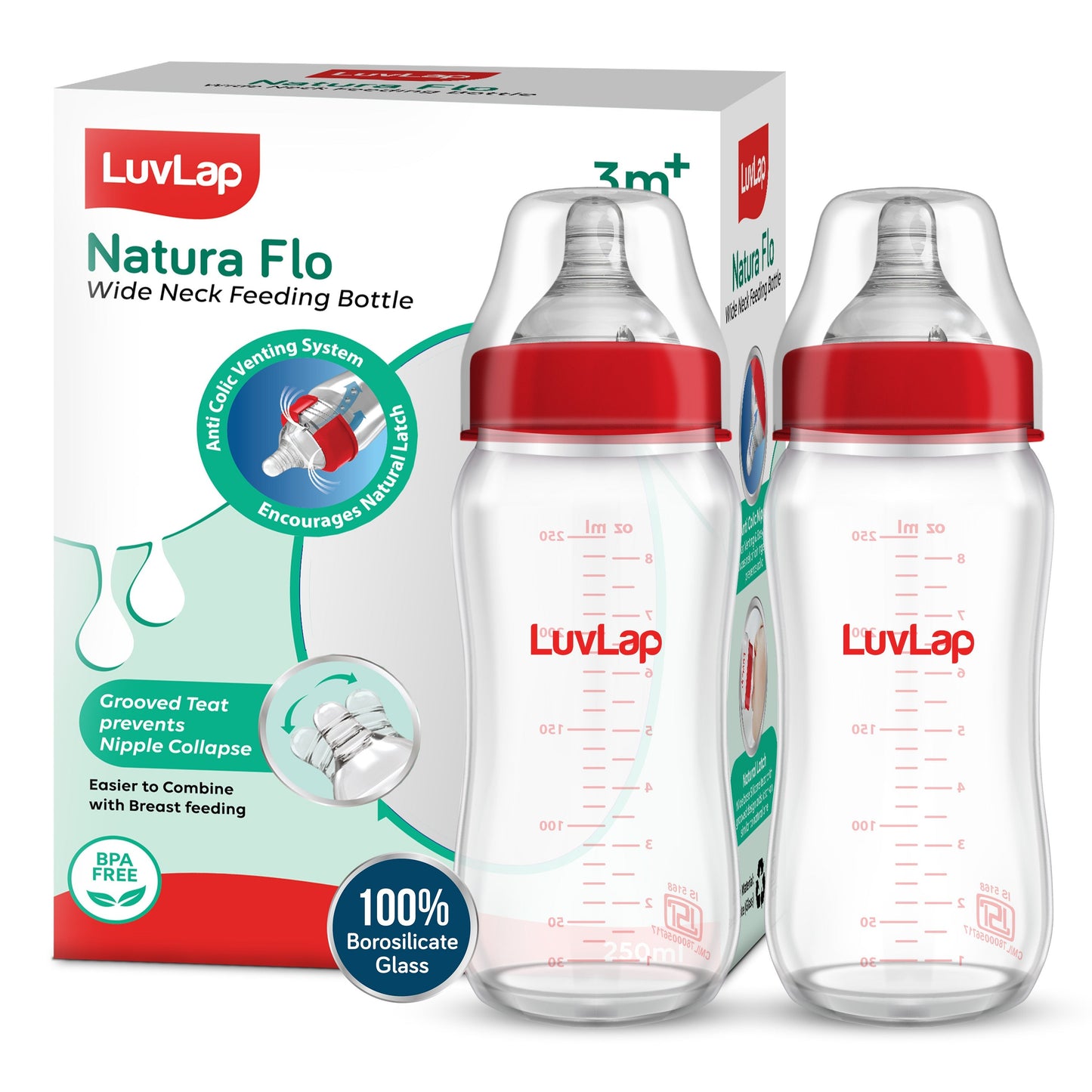Natura Flo Wide Neck Glass Feeding Bottle, Pack of 2, 250ml