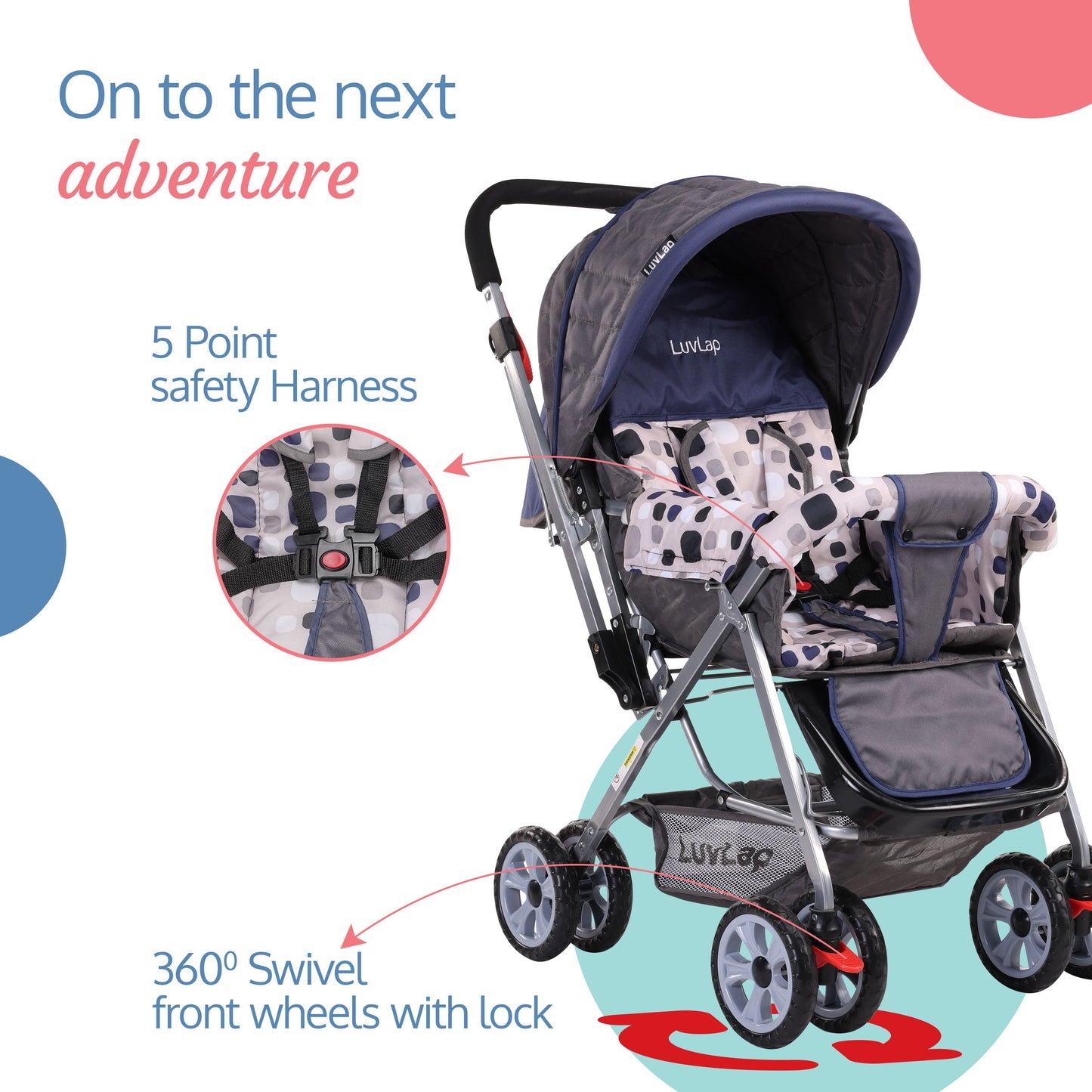 Sunshine Baby Stroller/Pram for 0 to 3 Years, New Born/Toddler/Kid, 5 Point Safety Harness, Adjustable backrest, 360° Swivel Wheel, Large Storage Basket, Reversible Handlebar(Navy Blue)