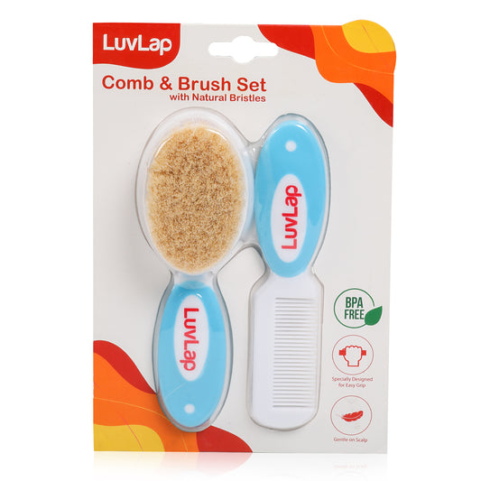Baby Comb with Rounded Tips & Baby Hair Brush with Natural Bristles, (White & Blue)