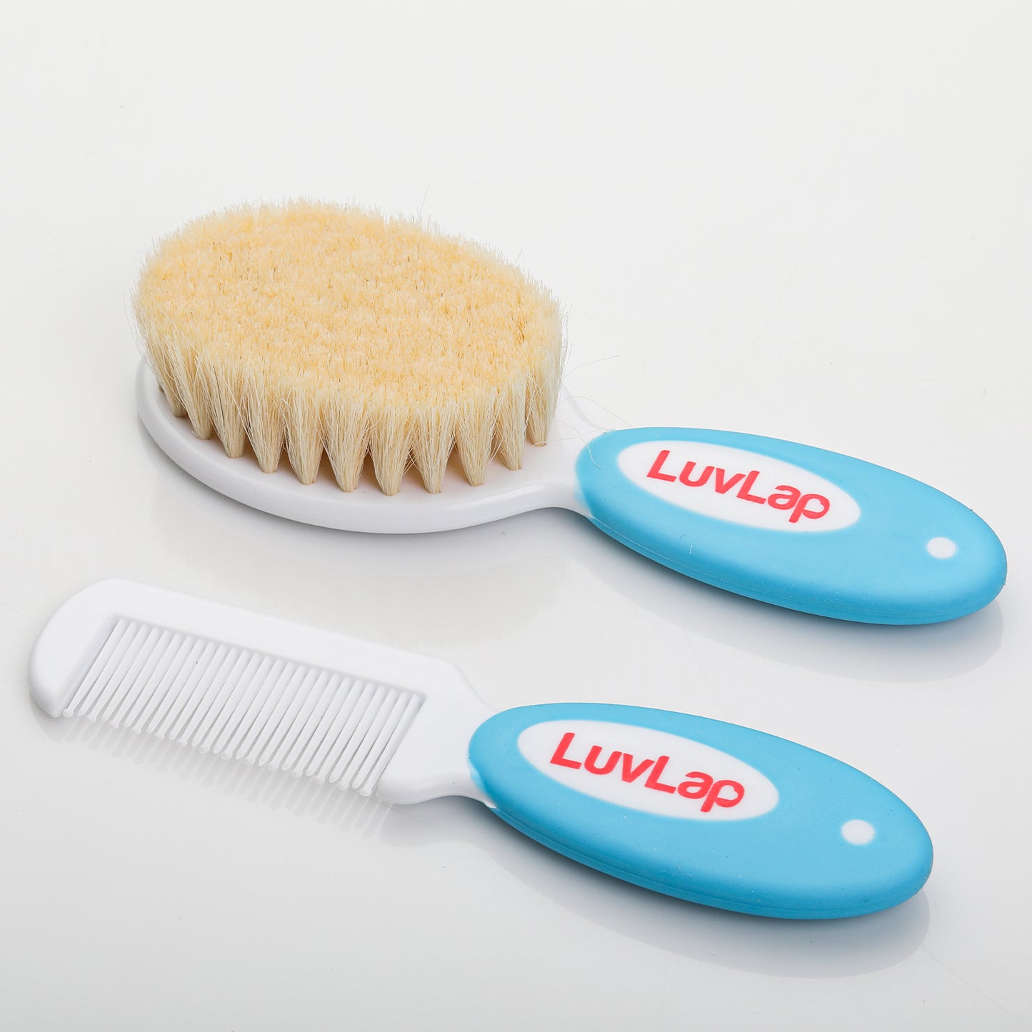 Baby Comb with Rounded Tips & Baby Hair Brush with Natural Bristles, (White & Blue)