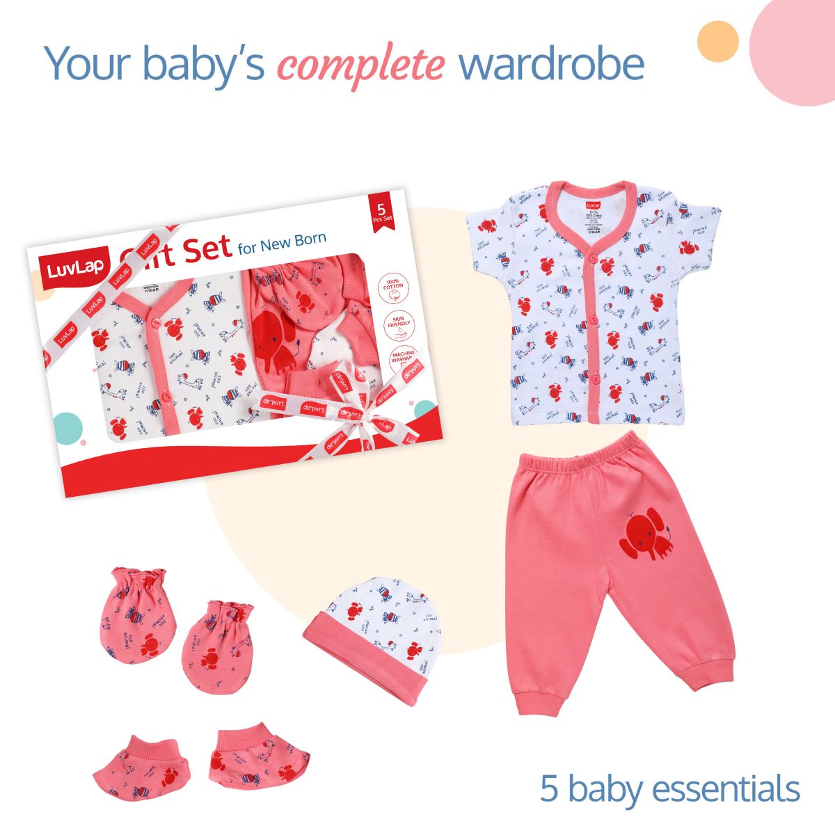 Newborn Baby Gift Set of 5, White Zoo Animal Print