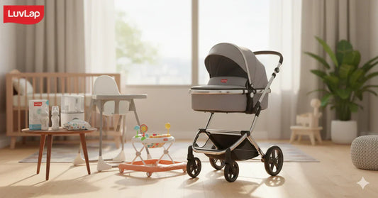 A comprehensive collection of LuvLap baby products including a grey stroller, high chair, baby walker, and feeding bottles in a modern nursery setting.