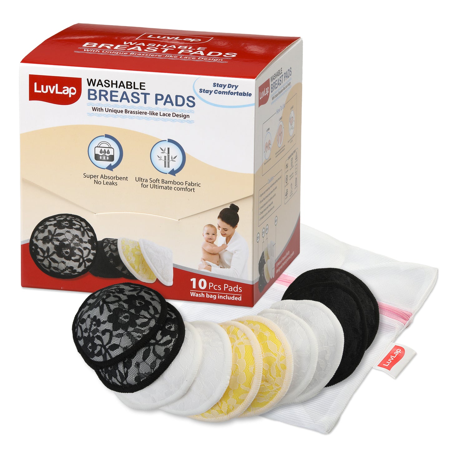 Natural Bamboo Washable Nursing Breast Pads with Lace, 10Pc