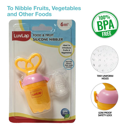 Silicone Food/Fruit Nibbler with Extra Mesh, Heartfills Yellow & Pink, BPA Free