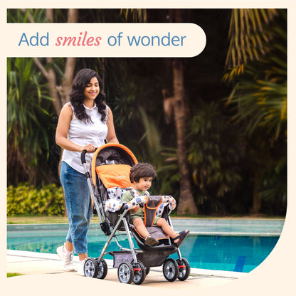 Sunshine Baby Stroller / Pram for 0 to 3 Years, New Born / Toddler / Kid, 5 Point Safety Harness, Adjustable backrest, 360° Swivel Wheel, Large storage basket, Reversible Handlebar (Orange)