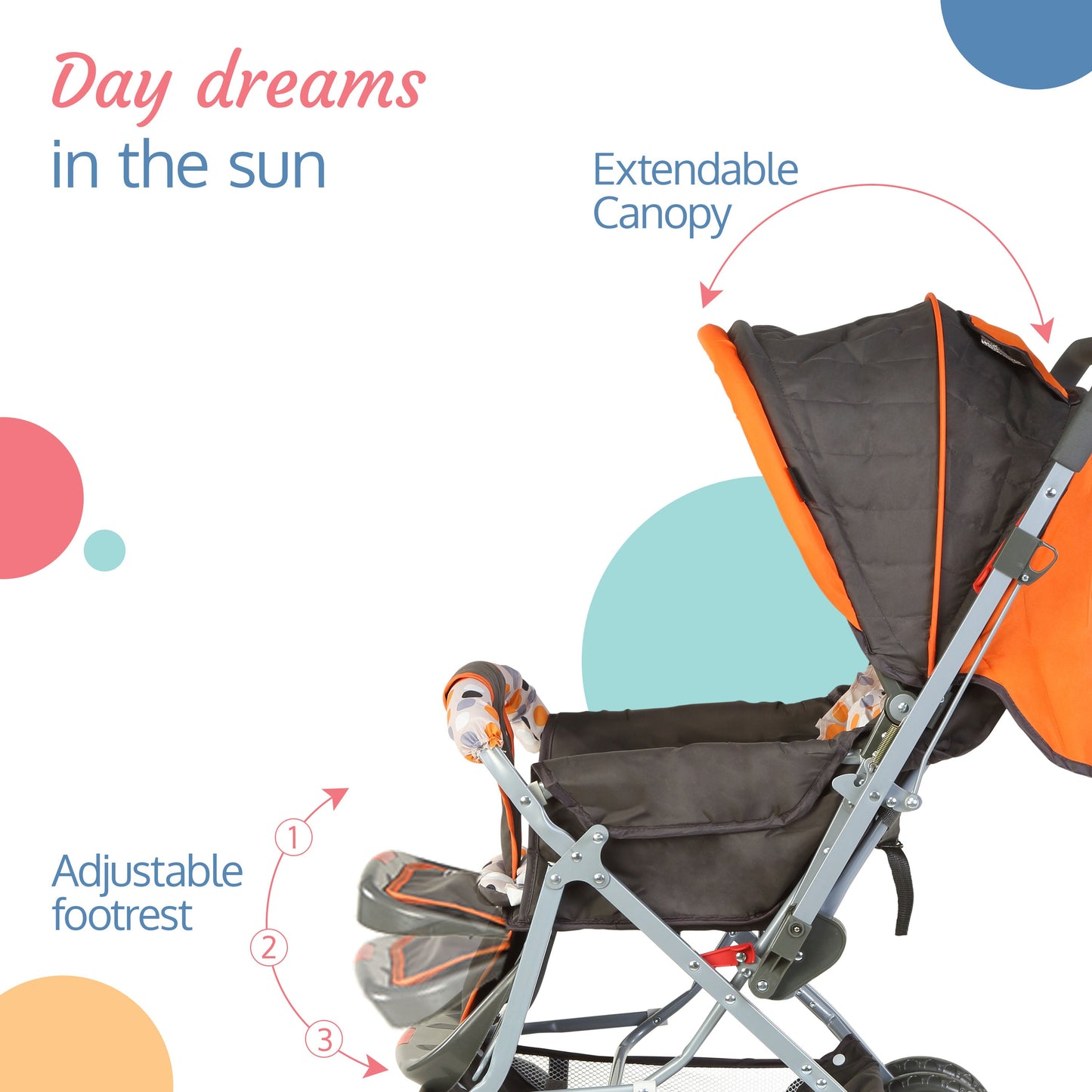 Sunshine Baby Stroller / Pram for 0 to 3 Years, New Born / Toddler / Kid, 5 Point Safety Harness, Adjustable backrest, 360° Swivel Wheel, Large storage basket, Reversible Handlebar (Orange)