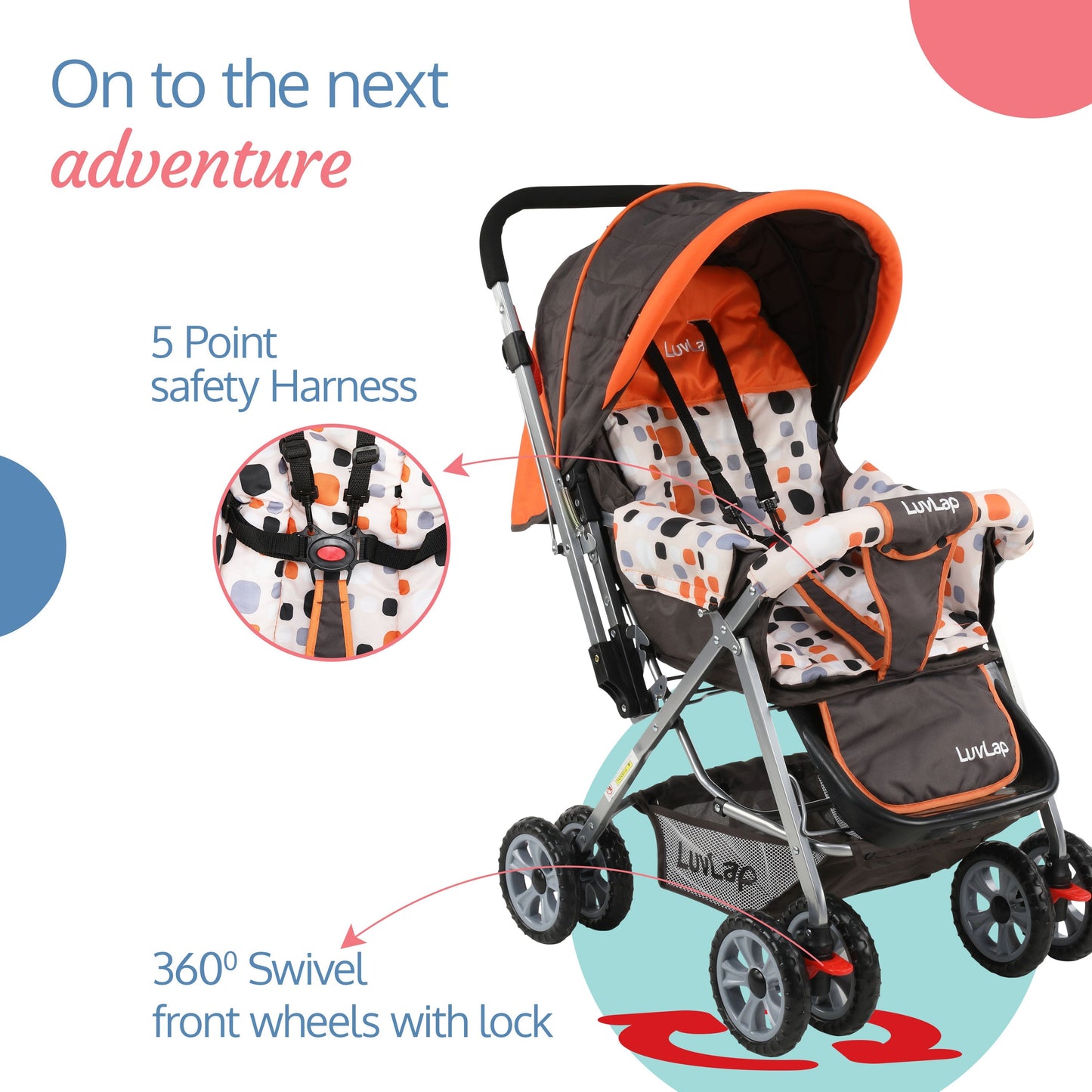 Sunshine Baby Stroller / Pram for 0 to 3 Years, New Born / Toddler / Kid, 5 Point Safety Harness, Adjustable backrest, 360° Swivel Wheel, Large storage basket, Reversible Handlebar (Orange)