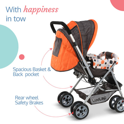 Sunshine Baby Stroller / Pram for 0 to 3 Years, New Born / Toddler / Kid, 5 Point Safety Harness, Adjustable backrest, 360° Swivel Wheel, Large storage basket, Reversible Handlebar (Orange)