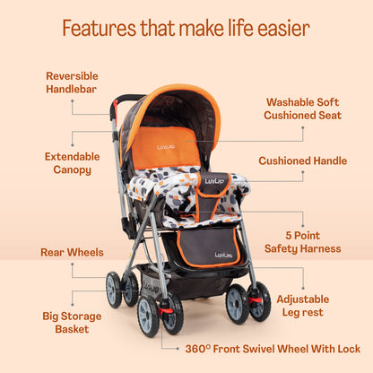 Sunshine Baby Stroller/Pram for 0 to 3 Years, New Born/Toddler/Kid, 5 Point Safety Harness, Adjustable backrest, 360° Swivel Wheel, Large Storage Basket, Reversible Handlebar (Orange)