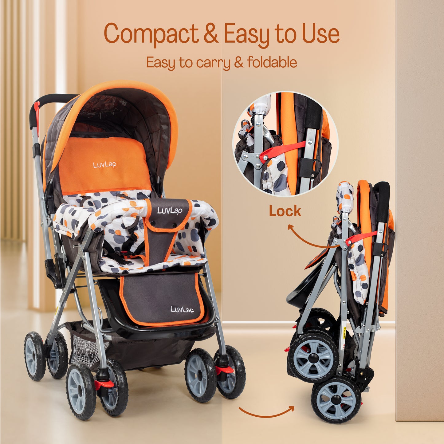 Sunshine Baby Stroller/Pram for 0 to 3 Years, New Born/Toddler/Kid, 5 Point Safety Harness, Adjustable backrest, 360° Swivel Wheel, Large Storage Basket, Reversible Handlebar (Orange)