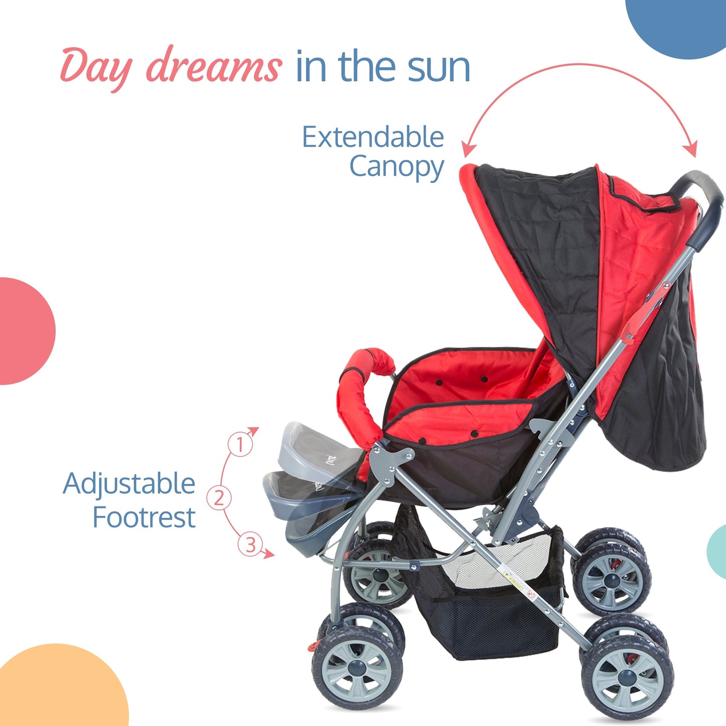 Starshine Baby Stroller/Pram for 0 to 3 Years, New Born/Toddler/Kid, Lightweight, Adjustable backrest, 360° Swivel Wheel, Large Storage Basket, Reversible Handlebar (Red)