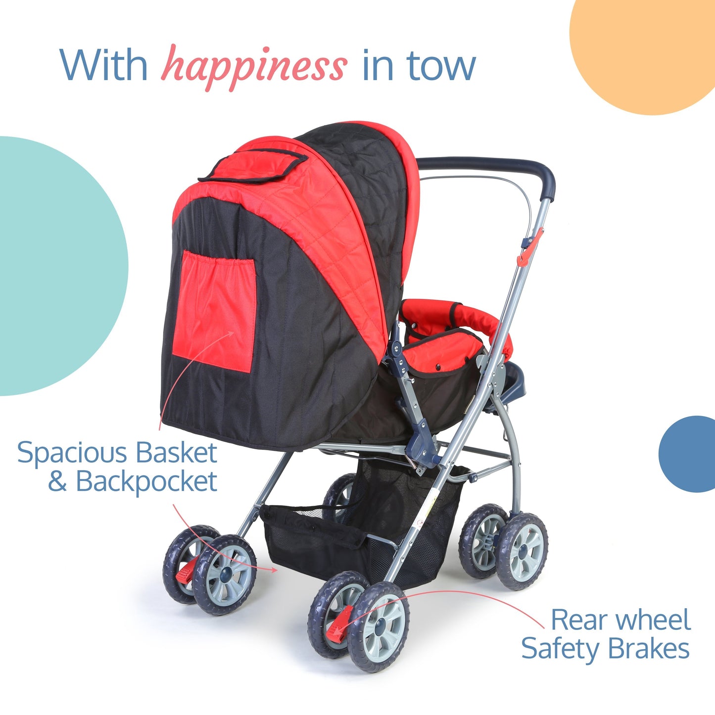 Starshine Baby Stroller/Pram for 0 to 3 Years, New Born/Toddler/Kid, Lightweight, Adjustable backrest, 360° Swivel Wheel, Large Storage Basket, Reversible Handlebar (Red)