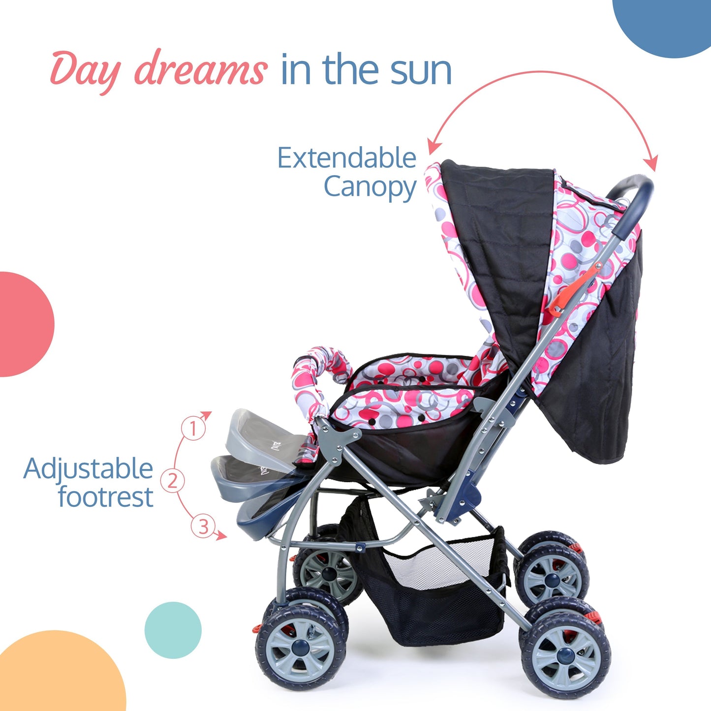 Starshine Baby Stroller / Pram for 0 to 3 Years, New Born / Toddler / Kid, Lightweight, Adjustable backrest, 360° Swivel Wheel, Large storage basket, Reversible Handlebar (Light Red)
