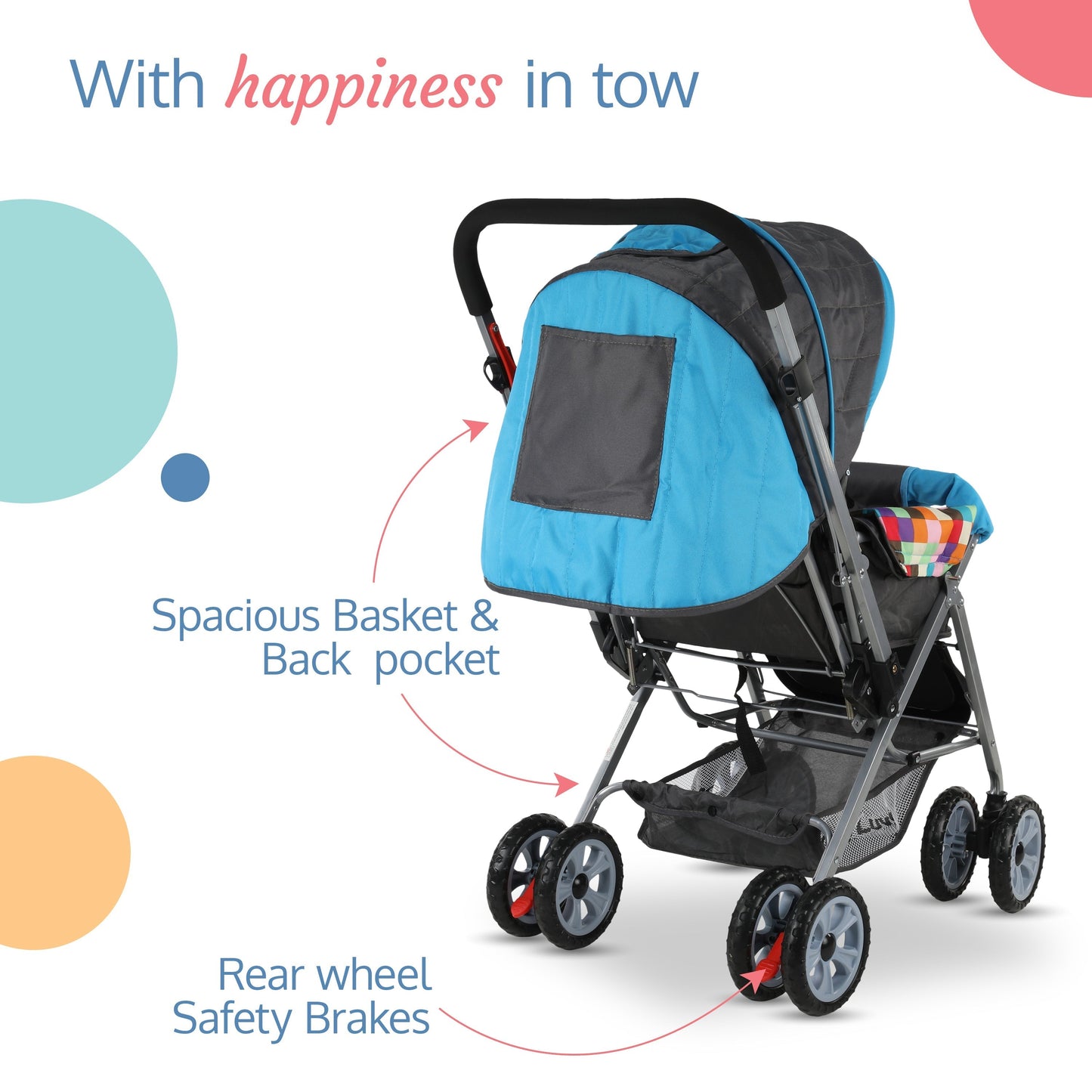 Sunshine Baby Stroller/Pram for 0 to 3 Years, New Born/Toddler/Kid, 5 Point Safety Harness, Adjustable backrest, 360° Swivel Wheel, Large Storage Basket, Reversible Handlebar (Teal)