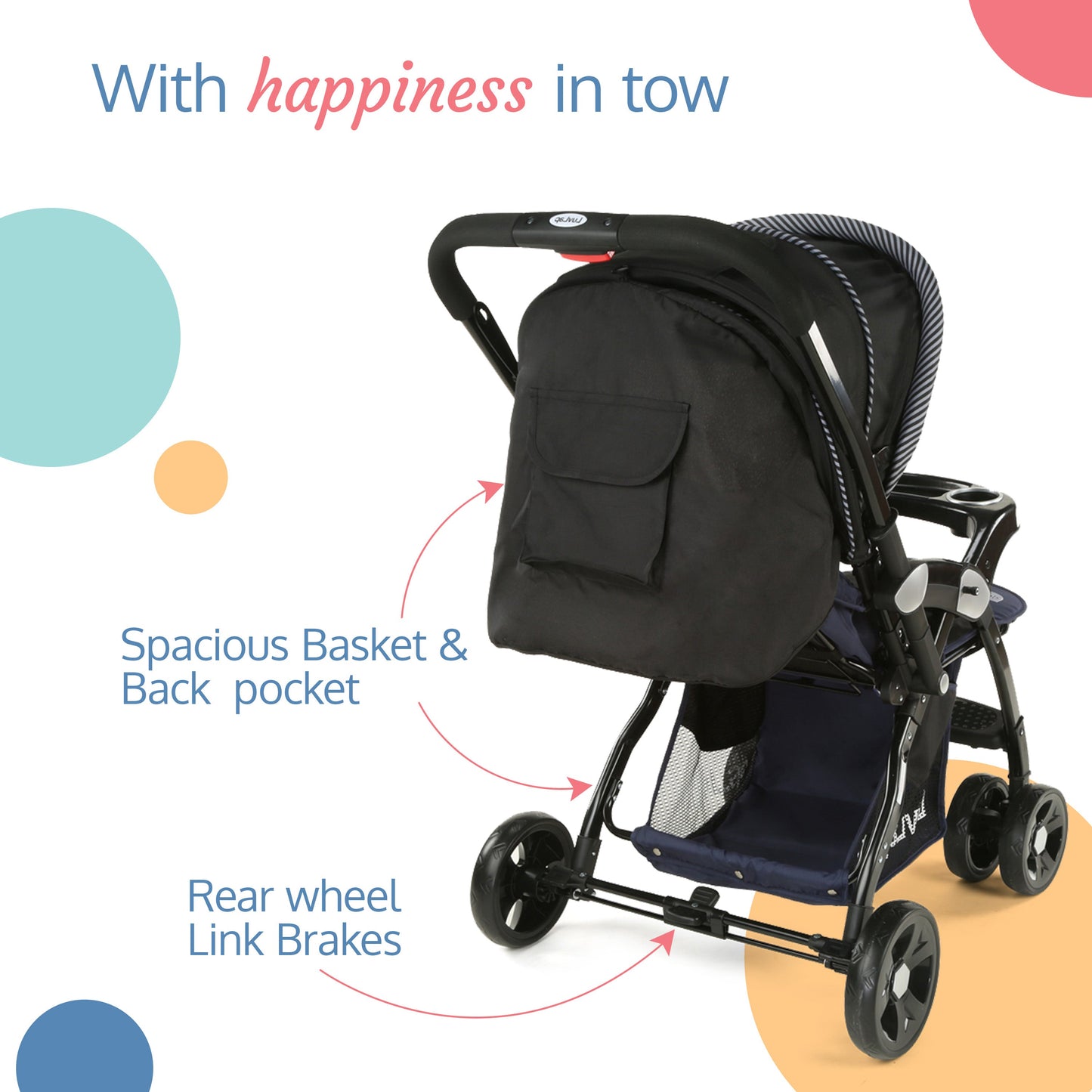 Galaxy baby stroller, Pram for baby with 5 point safety harness, Spacious Cushioned seat with Multi level seat recline, Easy Fold, Lightweight baby stroller for 0 to 3 years (Black)